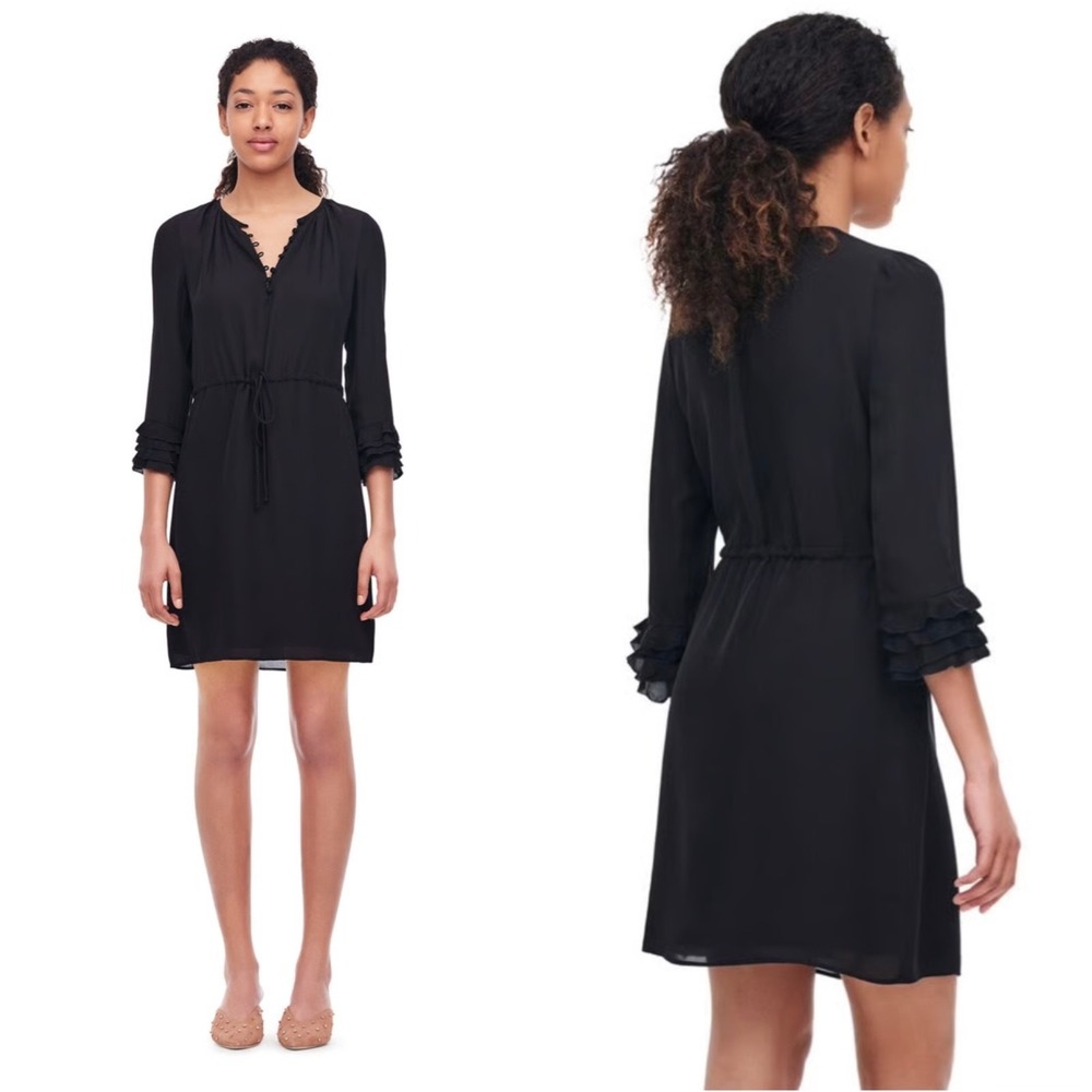 Rebecca Taylor Silk Georgette 3/4 Sleeve Drawstring Waist Mini Dress Black Size